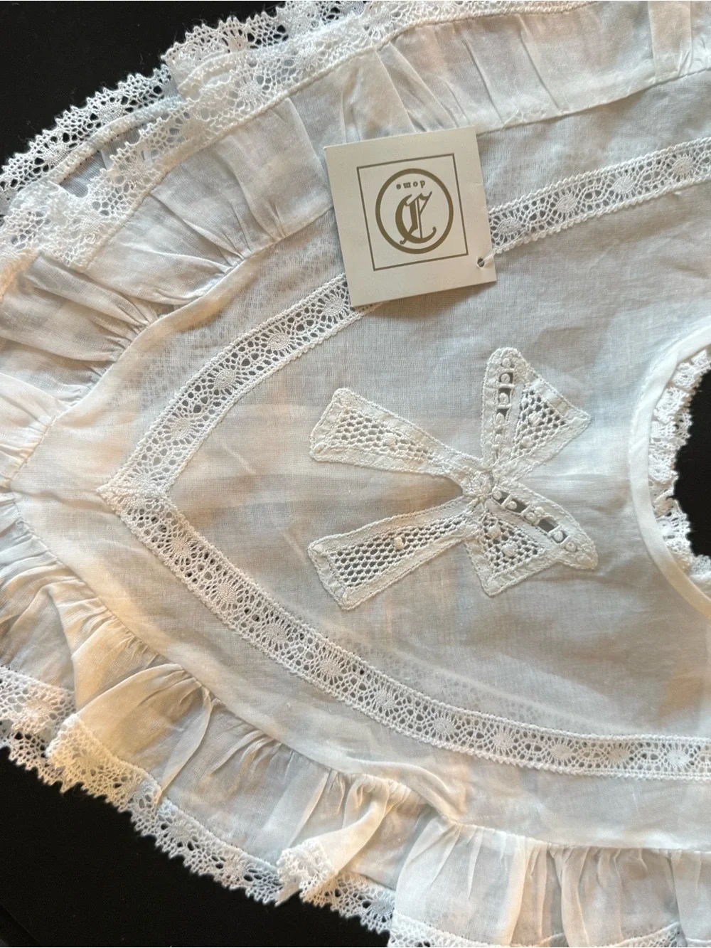 Vintage Lace Baby Bib or Dress Collar with Crochet Bow Hand Covered Buttons. New